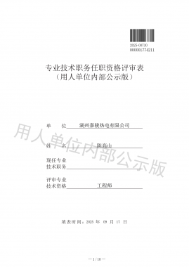 專業(yè)技術(shù)職務(wù)任職資格評審表 （用人單位內(nèi)部公示版）